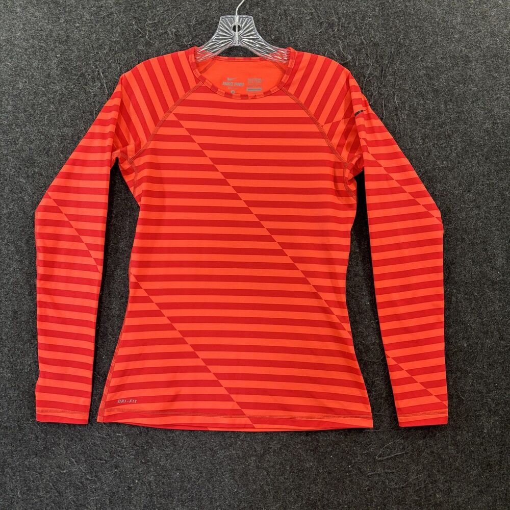 Nike Pro Hyperwarm Shirt Women's Medium Orange Stripe Dri-FIT Fitted Long Sleeve